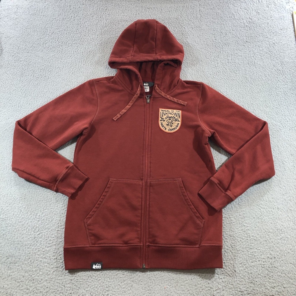 REI Co-Op Hoodie Womens Medium Red Full Zip Fleece Outdoor Travel To Unknown USA
